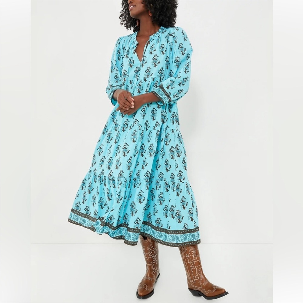 Tuckernuck Aqua Blue Floral Tiered Midi Dress